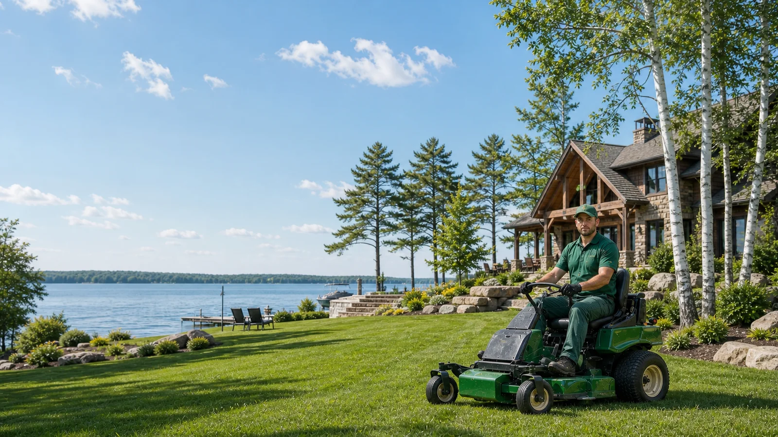 Professional grass cutting service on a scenic lakefront lawn