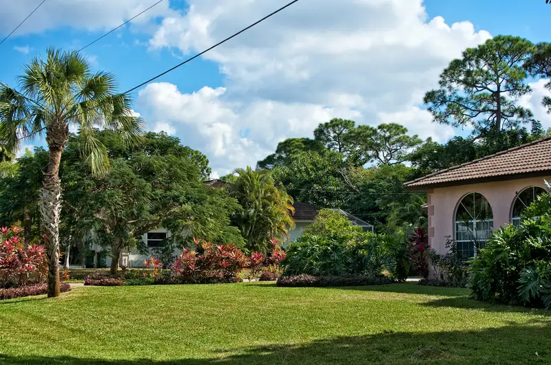 Neatly cut green lawn and tropical garden bed landscaping