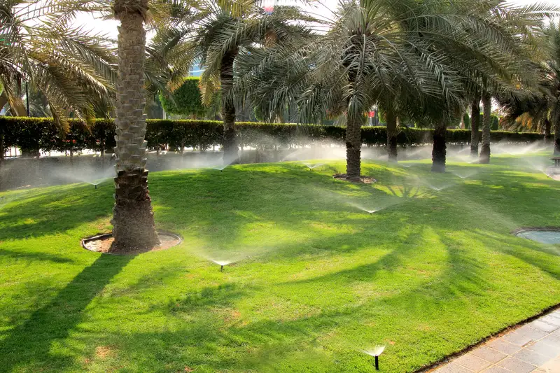 Automatic sprinkler system watering a lush green lawn with palm trees